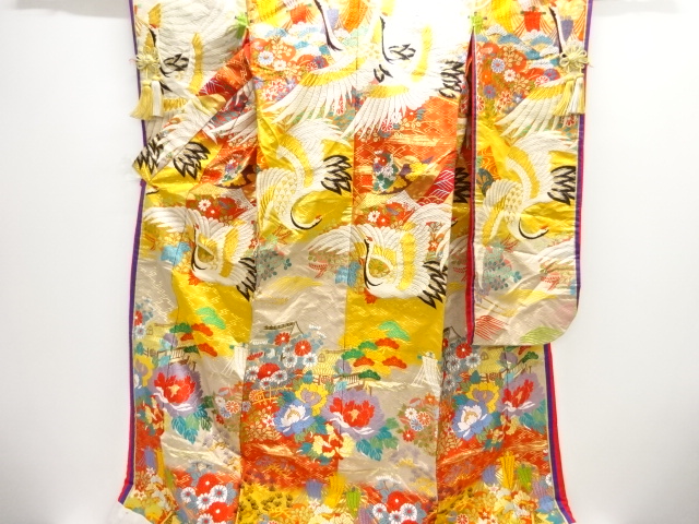 JAPANESE KIMONO / BRIDAL IRO UCHIKAKE KIMONO / WOVEN CRANE & ARABESQUE PATTERN 